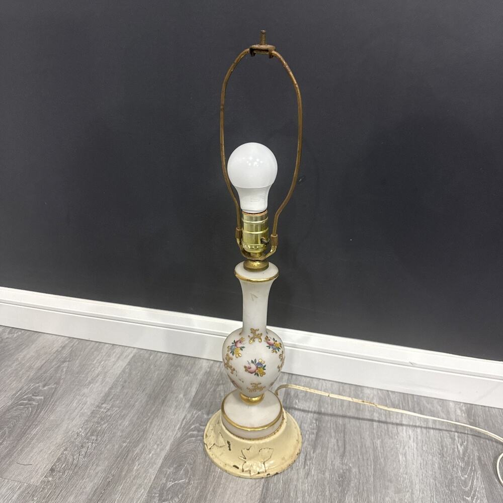 Vintage Satin Glass Table Lamp Base White Floral Gold Trim 22” Works Great! *